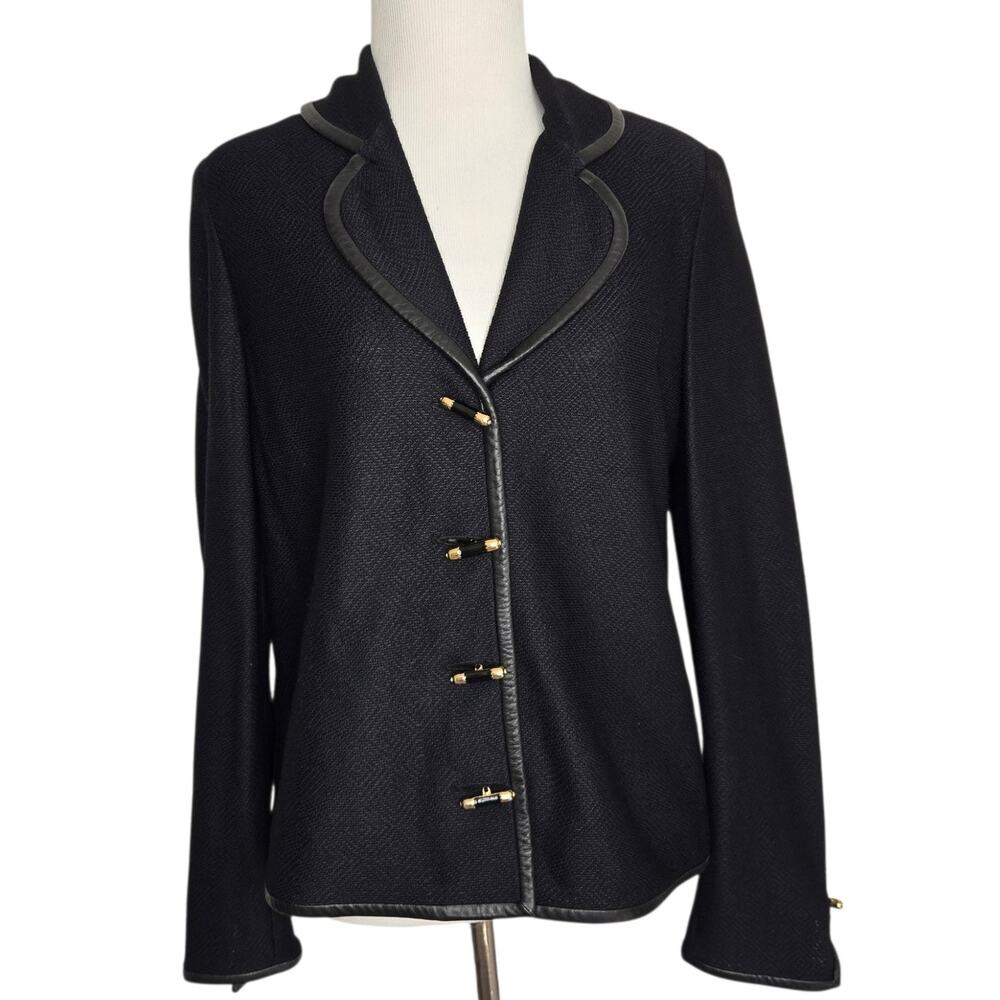 St. John Collection Leather Trim Jacket Jacquard Black Toggle Buttons Women 8